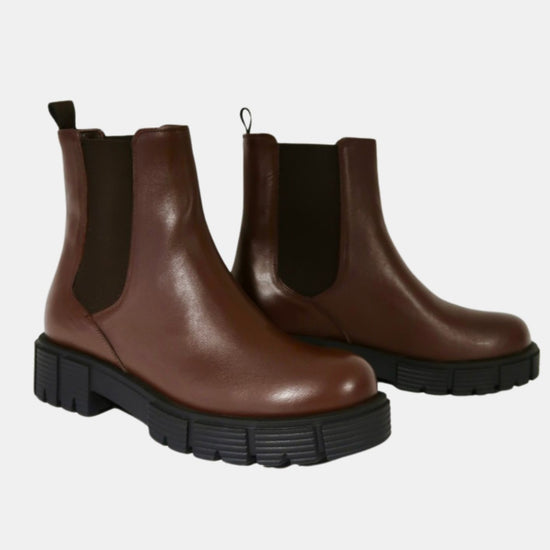 chocolate brown boots with rubber sole and elasticated tabs side view 