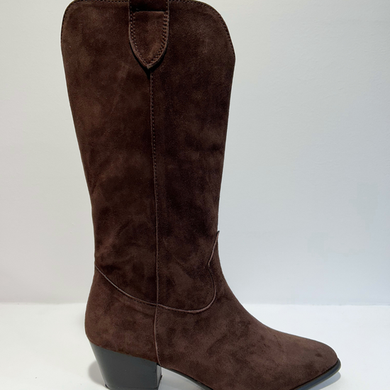 Chocolate brown suede mid length pull on cowboy style boots