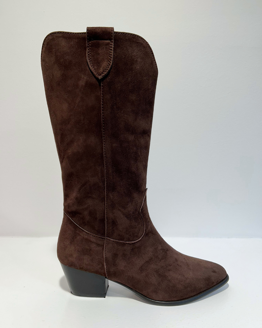 Chocolate brown suede mid length pull on cowboy style boots