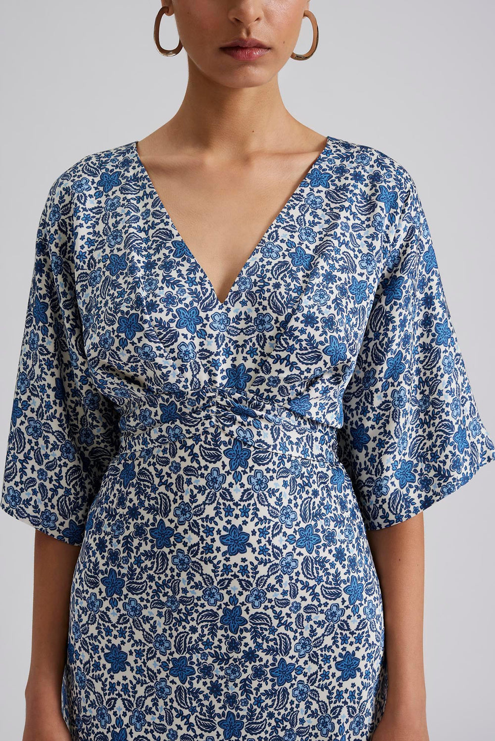 Blue ditsy floral V neck midi dress with elbow length sleeves and v back line with fabric tie