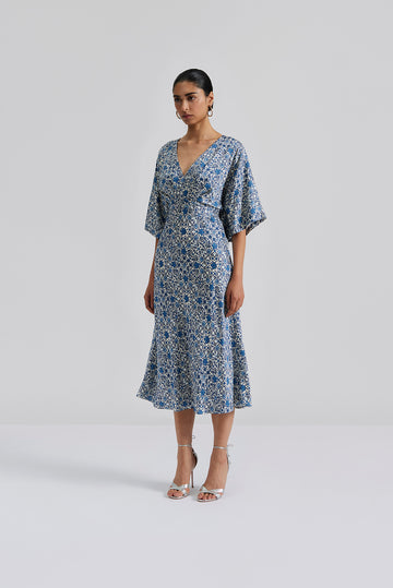 Blue ditsy floral V neck midi dress with elbow length sleeves and v back line with fabric tie