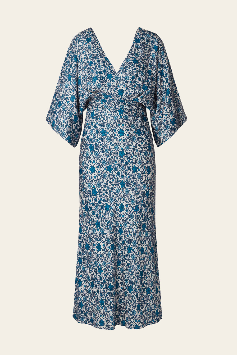 Blue ditsy floral V neck midi dress with elbow length sleeves and v back line with fabric tie