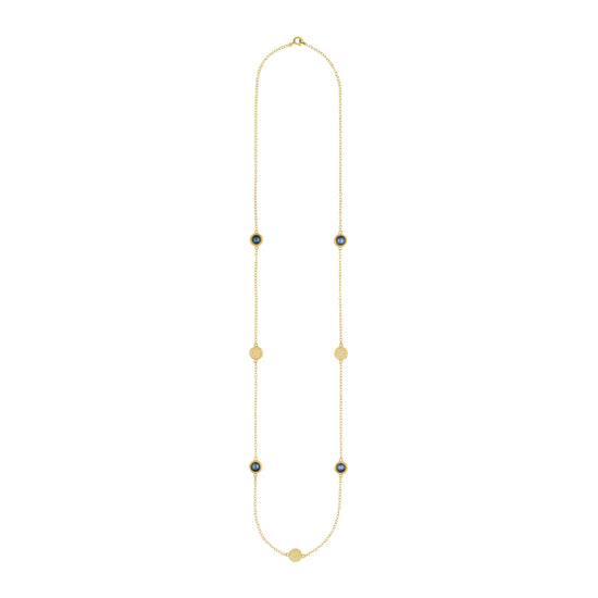 long gold necklace with blue pearl charms and gold discs from anna beck