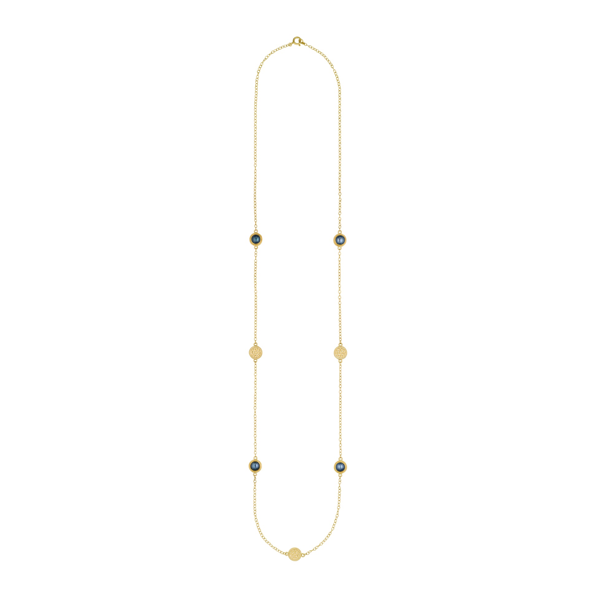 long gold necklace with blue pearl charms and gold discs from anna beck