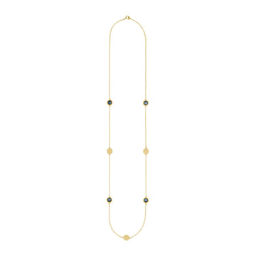 long gold necklace with blue pearl charms and gold discs from anna beck