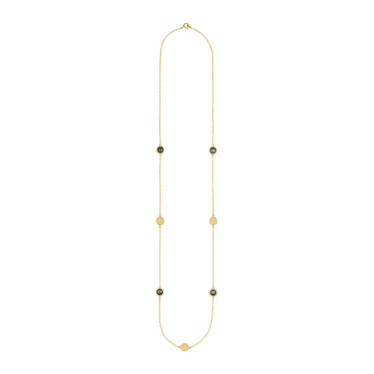 long gold necklace with blue pearl charms and gold discs from anna beck