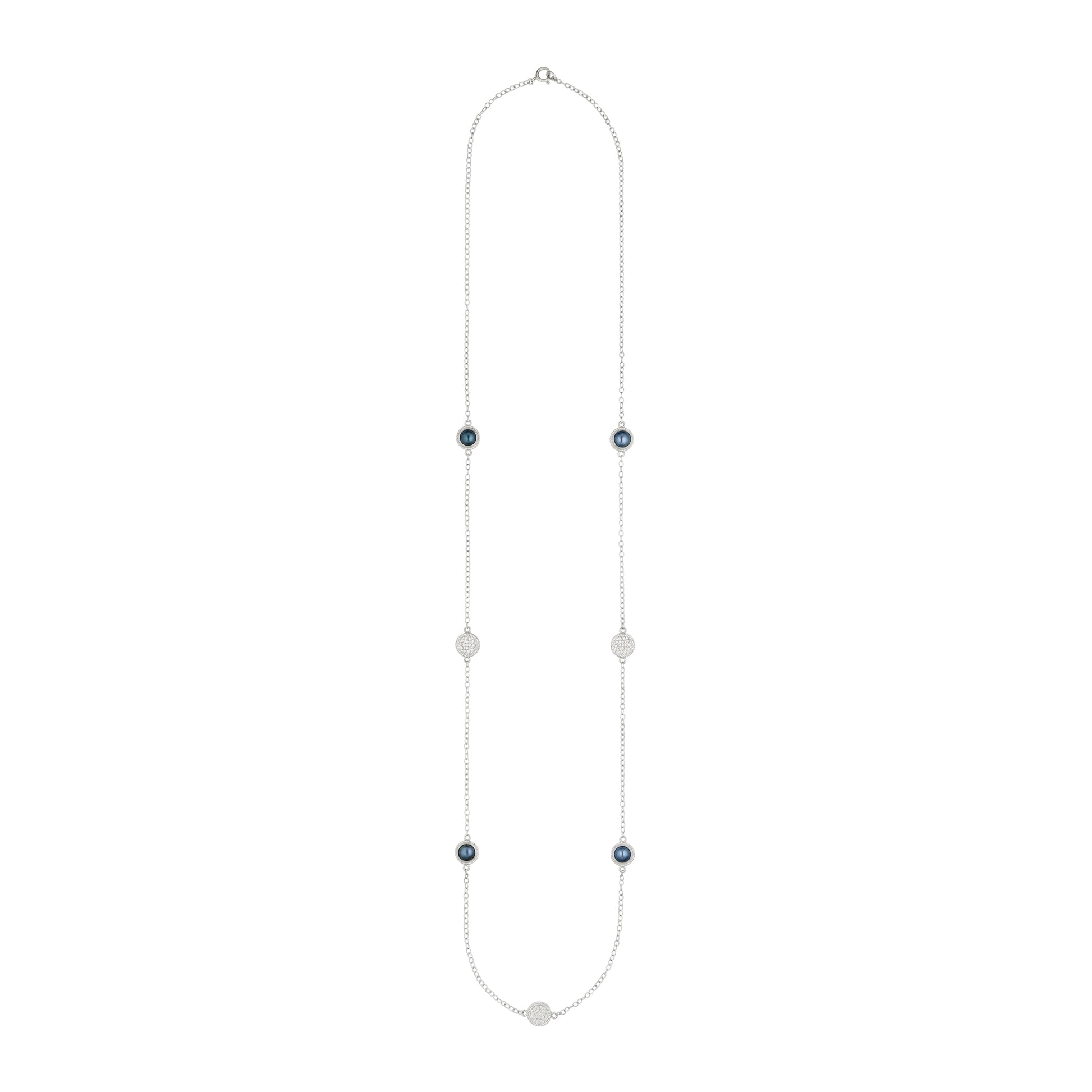 silver long necklace with blue pearl and silver disc charms