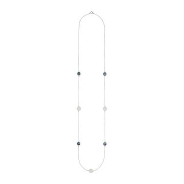 silver long necklace with blue pearl and silver disc charms