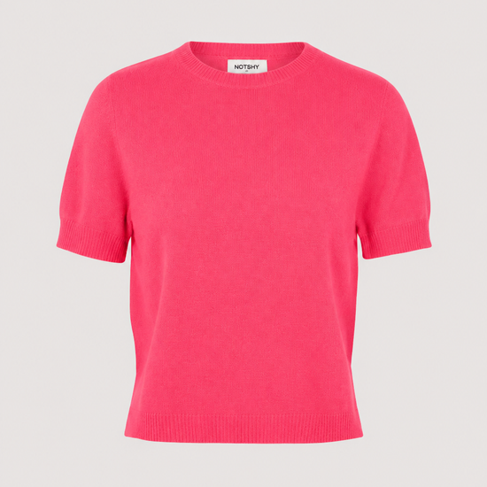 A bright pink short-sleeve crewneck knit sweater by mitjan, shown flat against a light gray background.