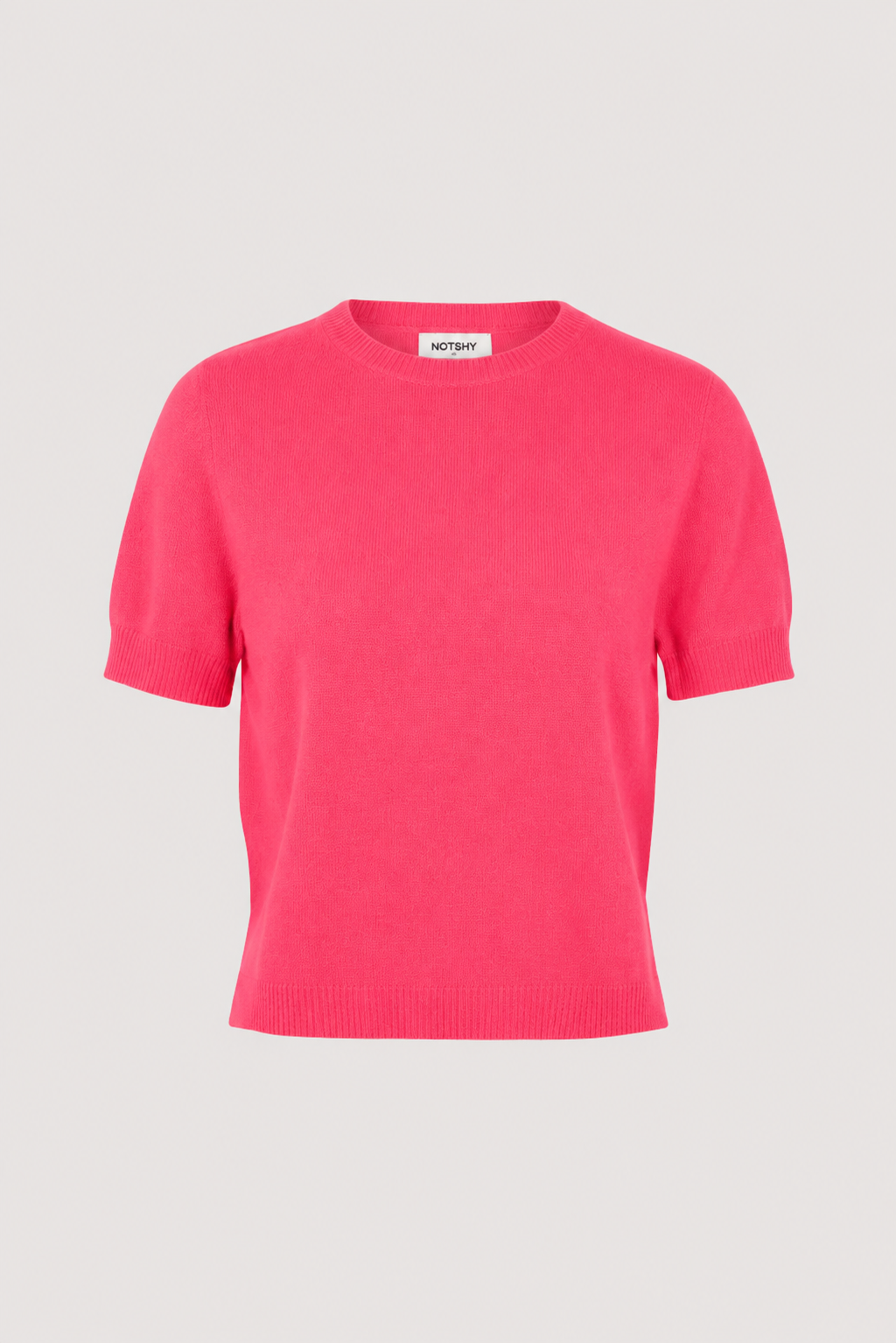 A bright pink short-sleeve crewneck knit sweater by mitjan, shown flat against a light gray background.