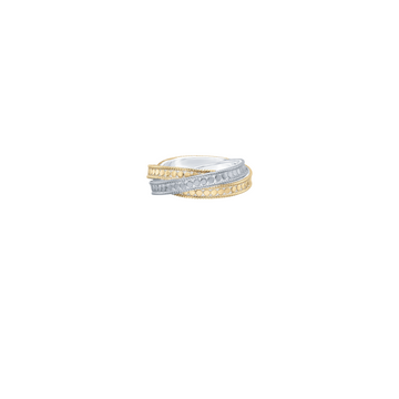 A two-tone wrap ring featuring a gold band with pavé-set clear stones and a silver band with a milgrain texture, shown on a plain white background.