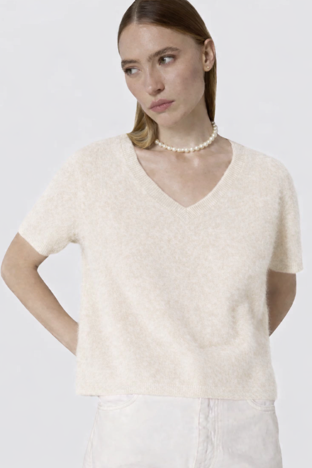 V neck short sleeve brushed cashmere knit