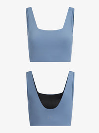 Blue sports bra top with square neckline and scoop back