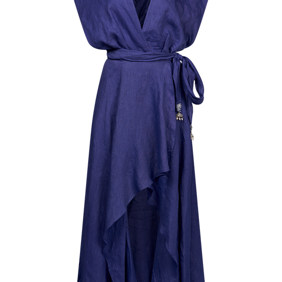 Navy linen dress with wrap front and bodice with V neck that wraps over the shoulders and crosses at the back and around the waist