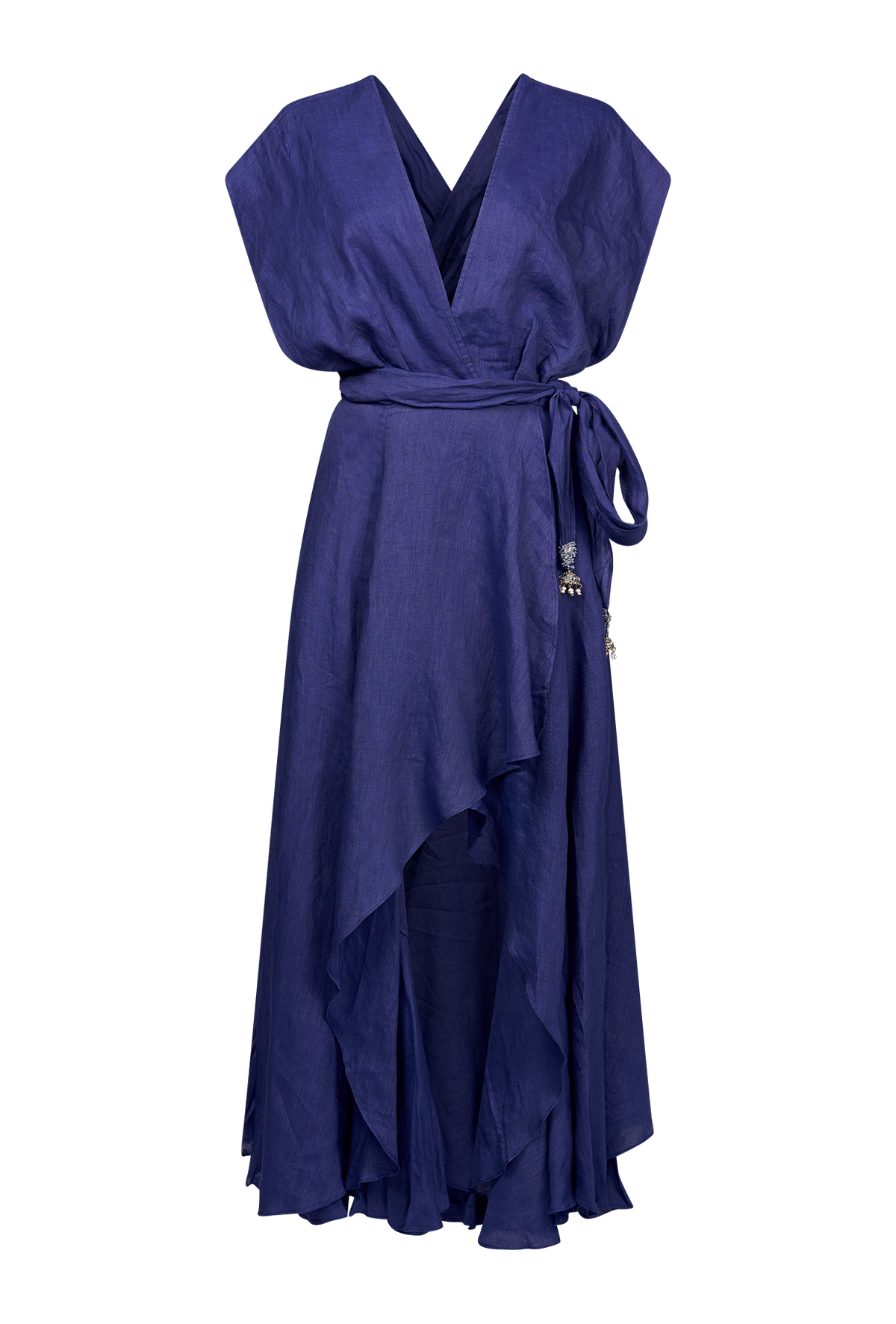 Navy linen dress with wrap front and bodice with V neck that wraps over the shoulders and crosses at the back and around the waist