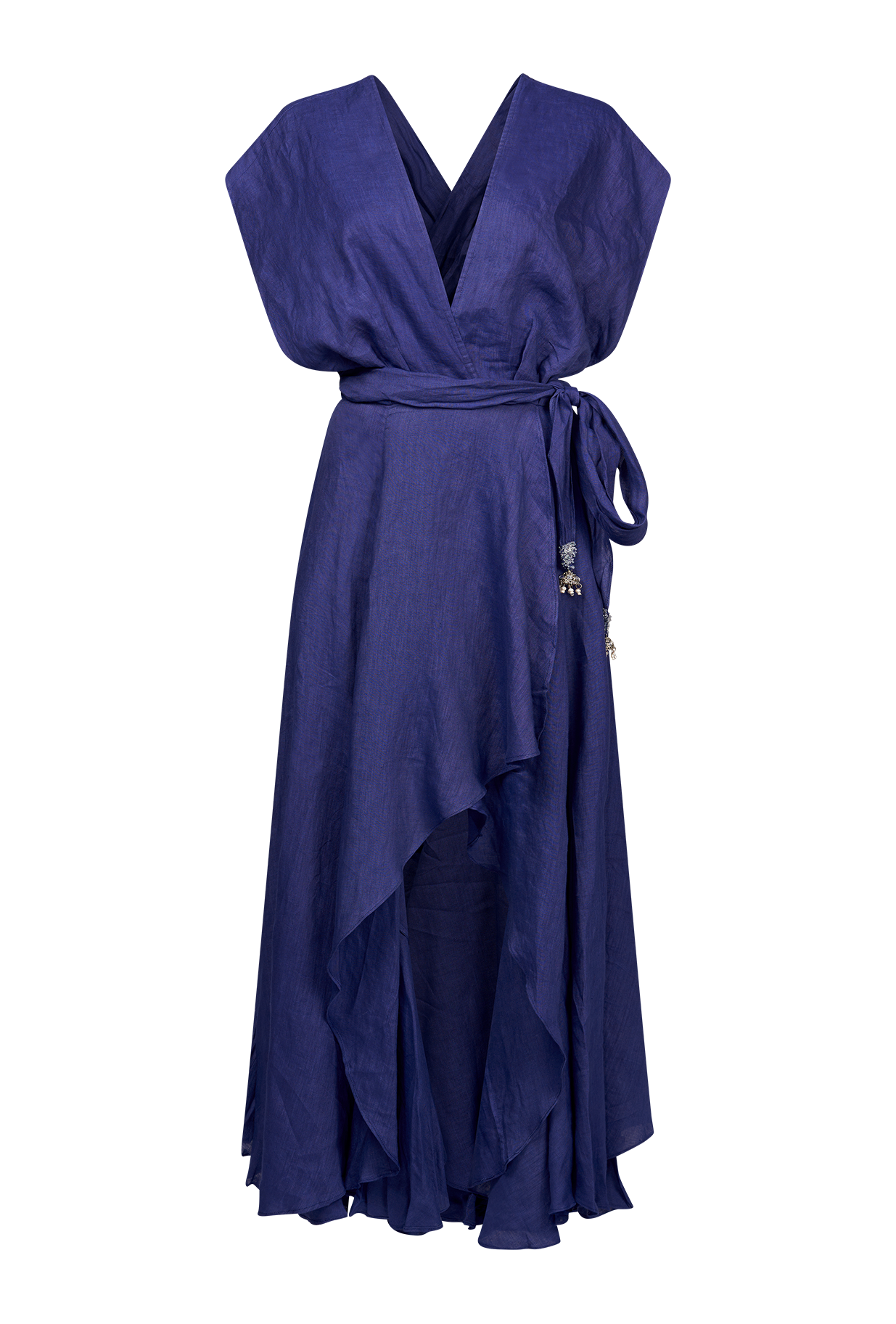 Navy linen dress with wrap front and bodice with V neck that wraps over the shoulders and crosses at the back and around the waist