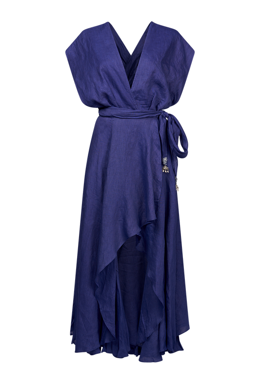 Navy linen dress with wrap front and bodice with V neck that wraps over the shoulders and crosses at the back and around the waist