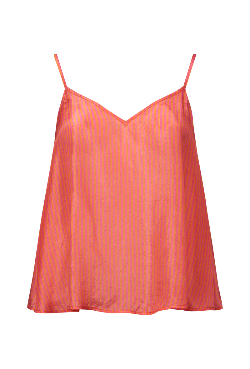 Pink and orange striped camisole top with spaghetti straps and V neckline