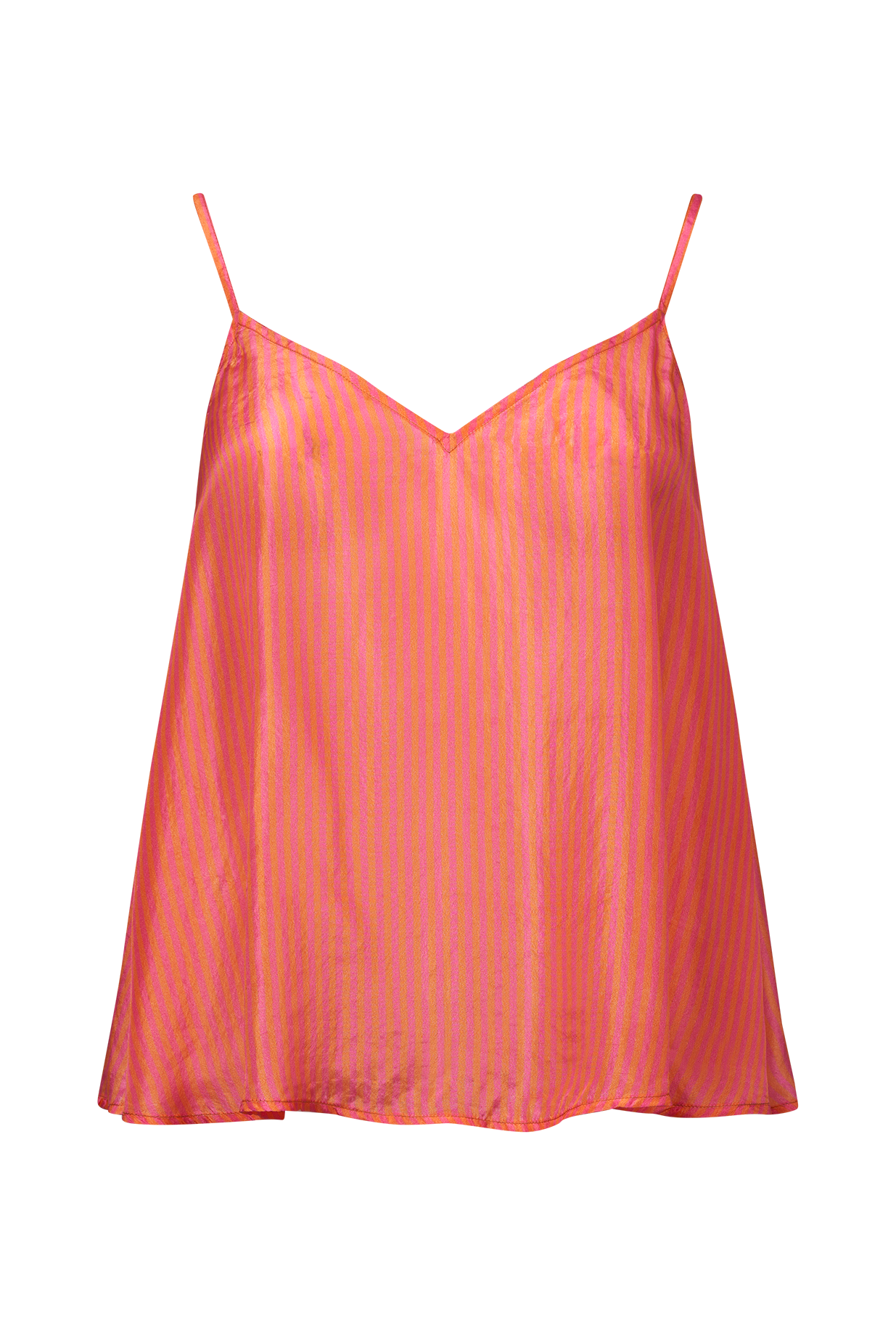 Pink and orange striped camisole top with spaghetti straps and V neckline