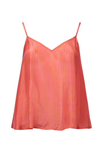 Pink and orange striped camisole top with spaghetti straps and V neckline