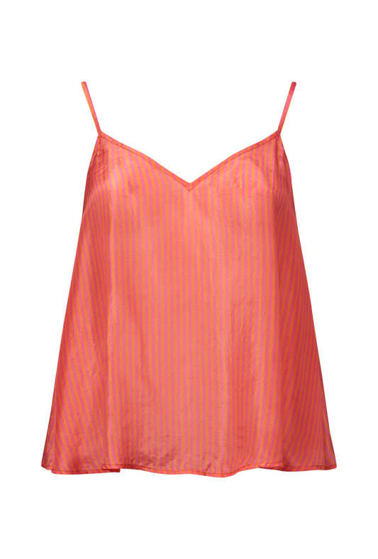 Pink and orange striped camisole top with spaghetti straps and V neckline