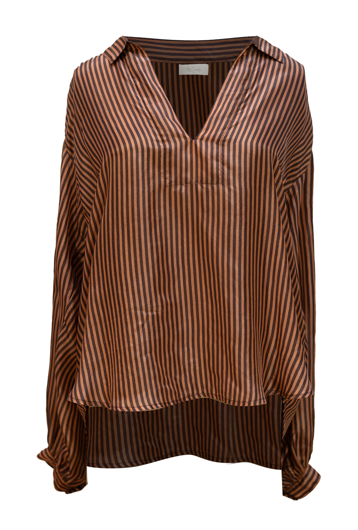 Brown striped silk top with notch neck and collar with long sleeves gathered at shoulder and cuff
