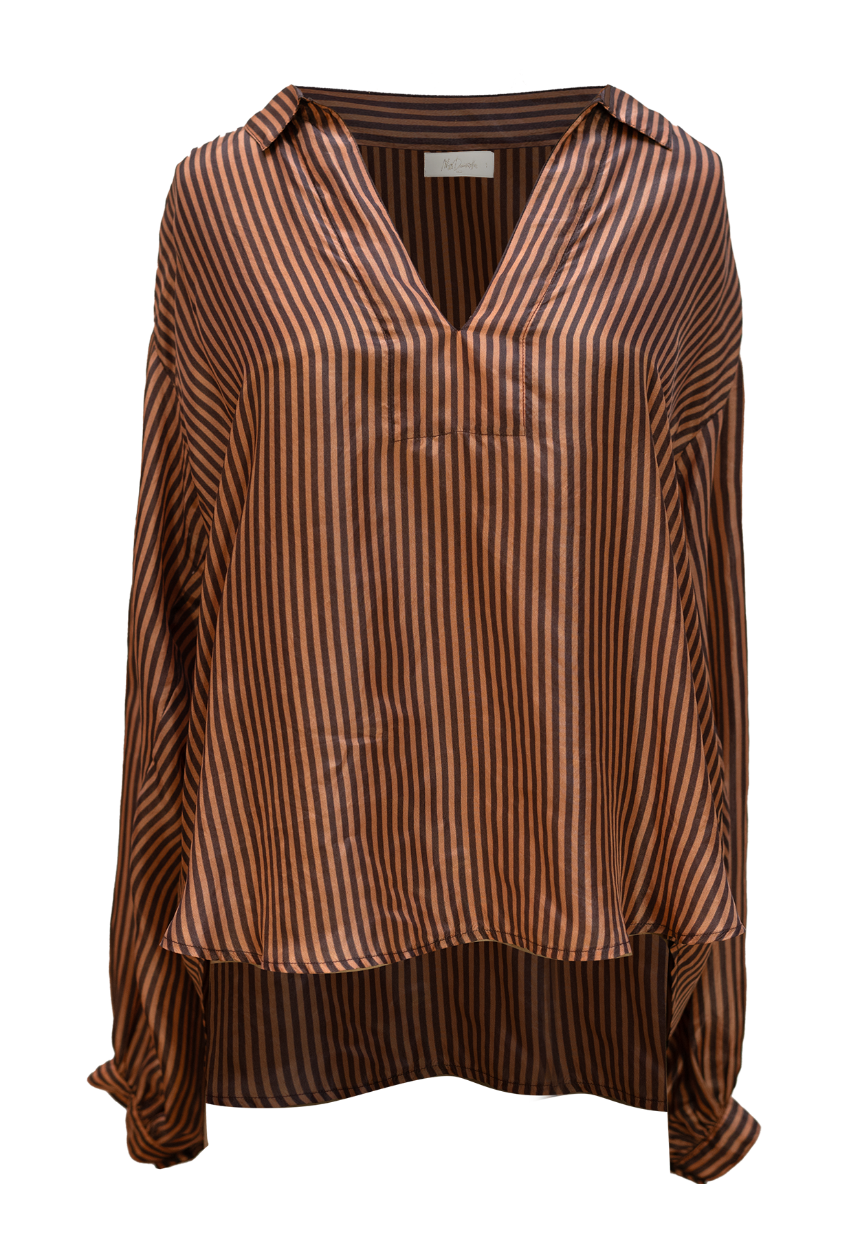 Brown striped silk top with notch neck and collar with long sleeves gathered at shoulder and cuff
