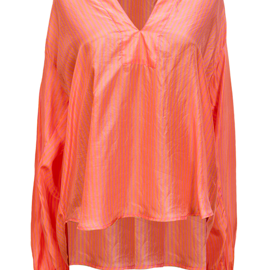 Pink and orange striped silk top with notch neck and collar with long sleeves gathered at shoulder and cuff