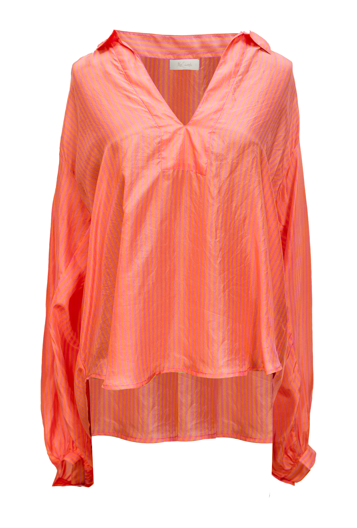 Pink and orange striped silk top with notch neck and collar with long sleeves gathered at shoulder and cuff