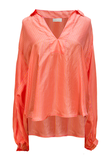 Pink and orange striped silk top with notch neck and collar with long sleeves gathered at shoulder and cuff