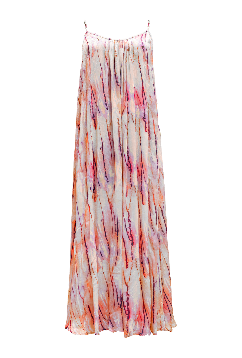 Tie-dye inspired print with floral jaquard fabric strappy maxi dress with full skirt and spaghetti straps