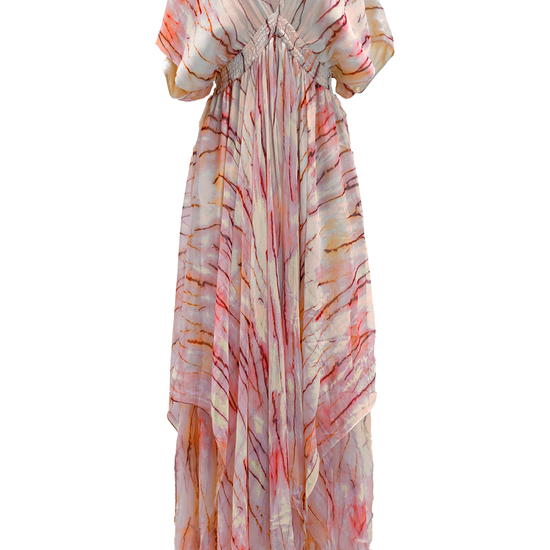 Tie dye maxi dress with a deep V neck and handkerchief skirt