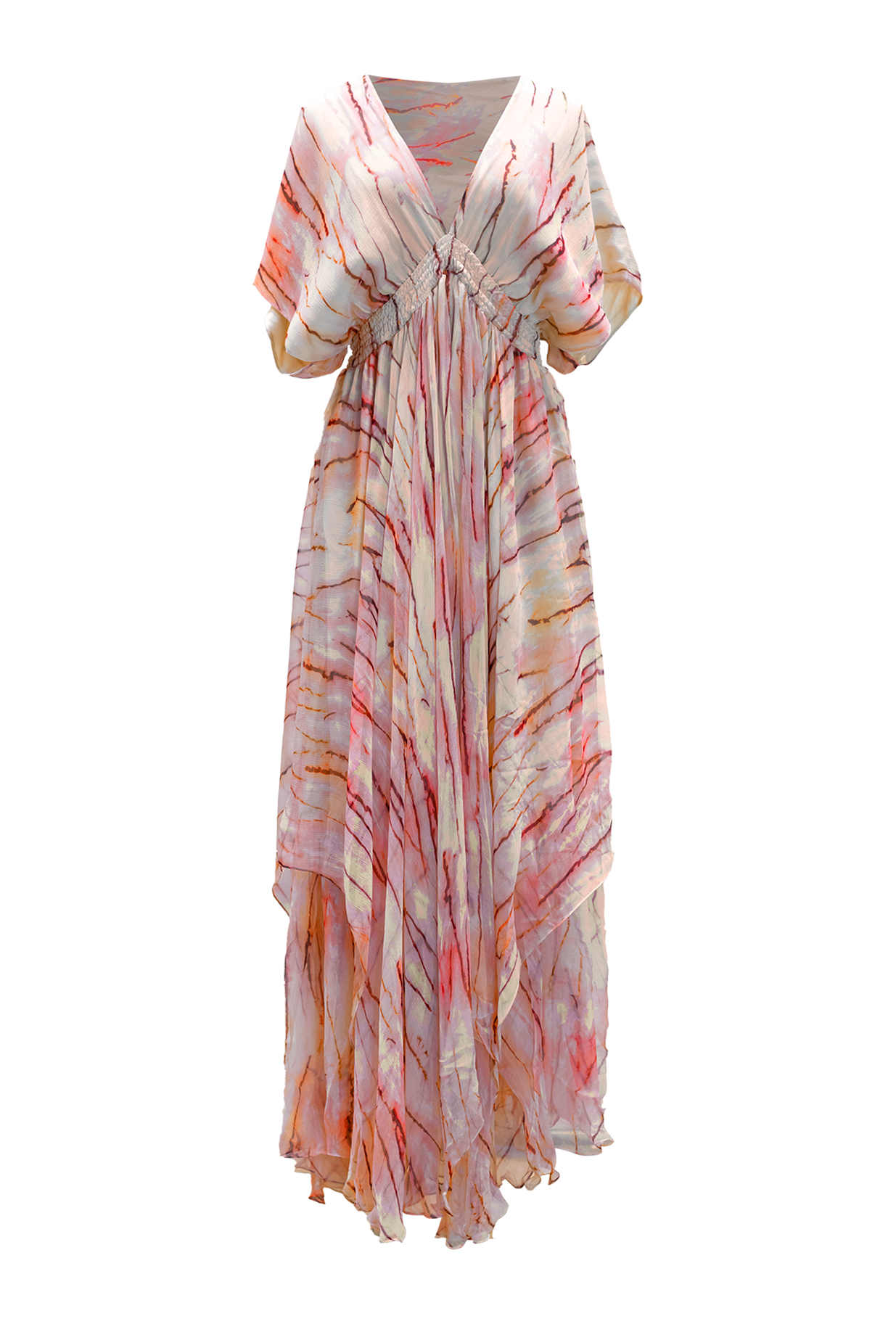 Tie dye maxi dress with a deep V neck and handkerchief skirt