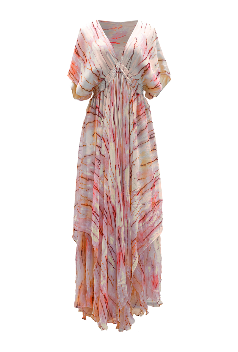 Tie dye maxi dress with a deep V neck and handkerchief skirt