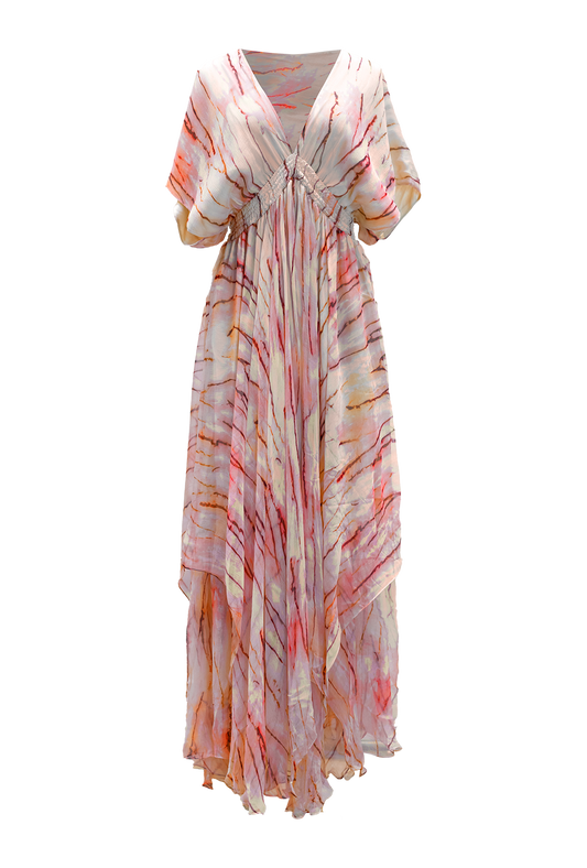 Tie dye maxi dress with a deep V neck and handkerchief skirt