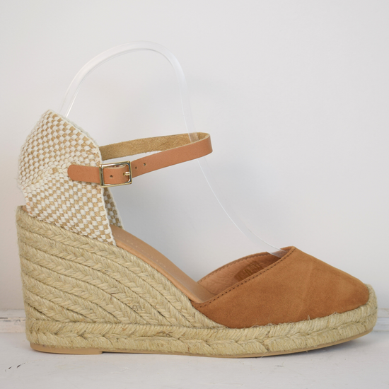 tan coloured wedge sandal with closed toe