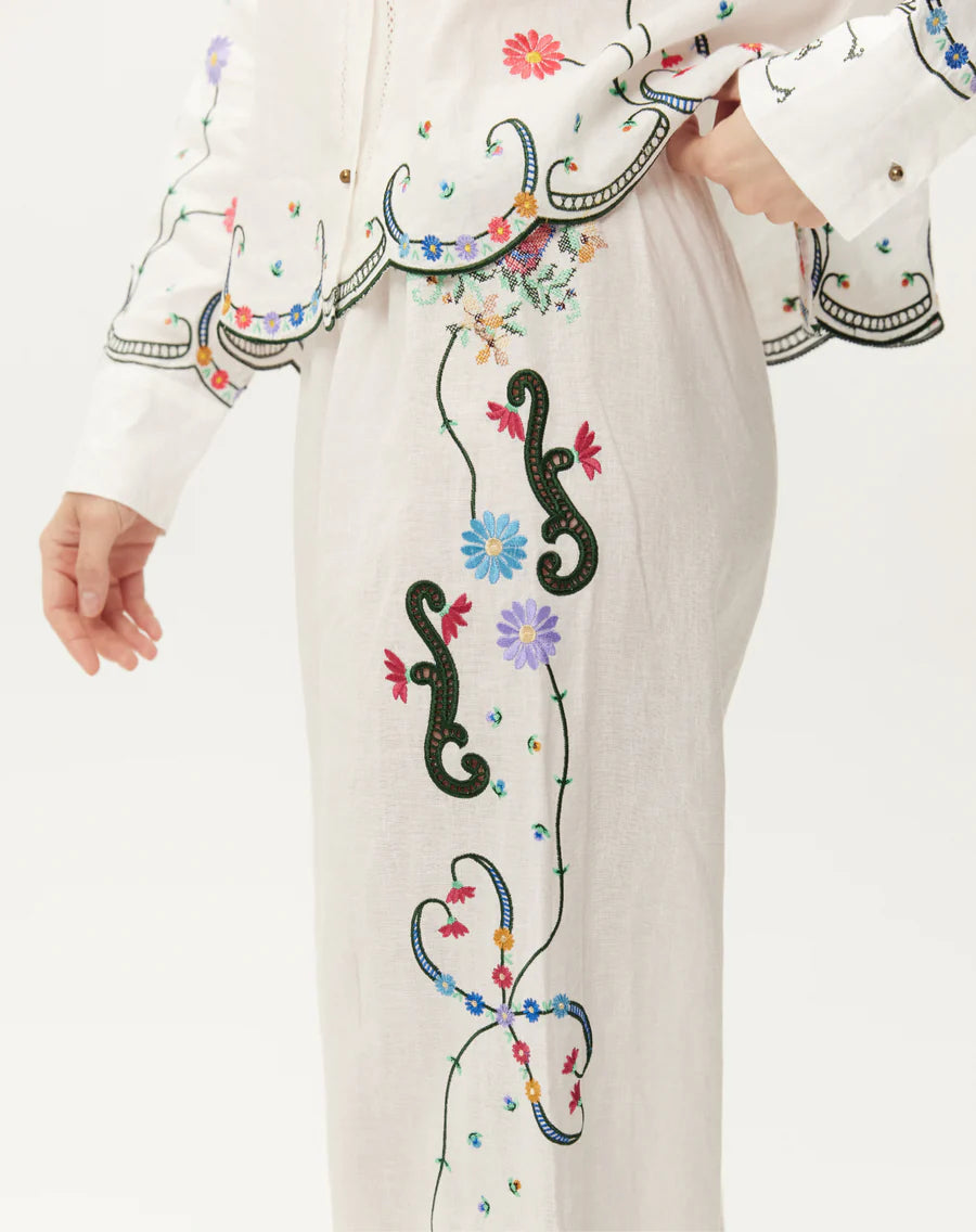 white linen trousers with embroidered detailing down the leg from me369 close up