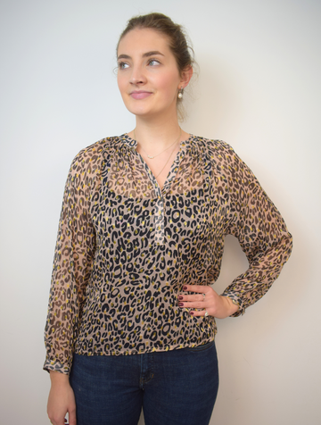 Animal print sheer top with half placket and grandad collar