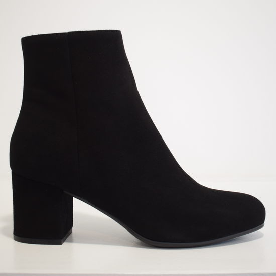 black suede ankle boot with side zip and almond toe