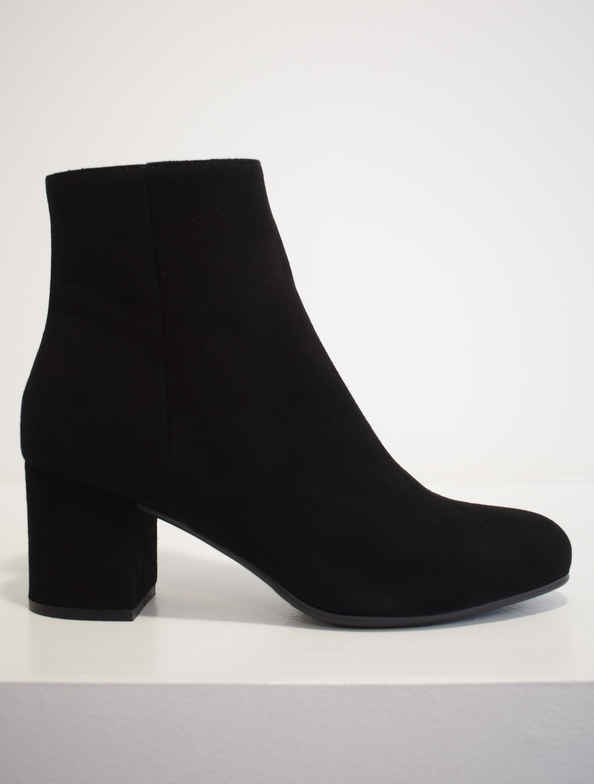 black suede ankle boot with side zip and almond toe