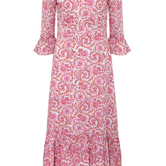 Pink floral midi dress with slash neckline three quarter sleeves with ruffle detail empire line and deep ruffle hem