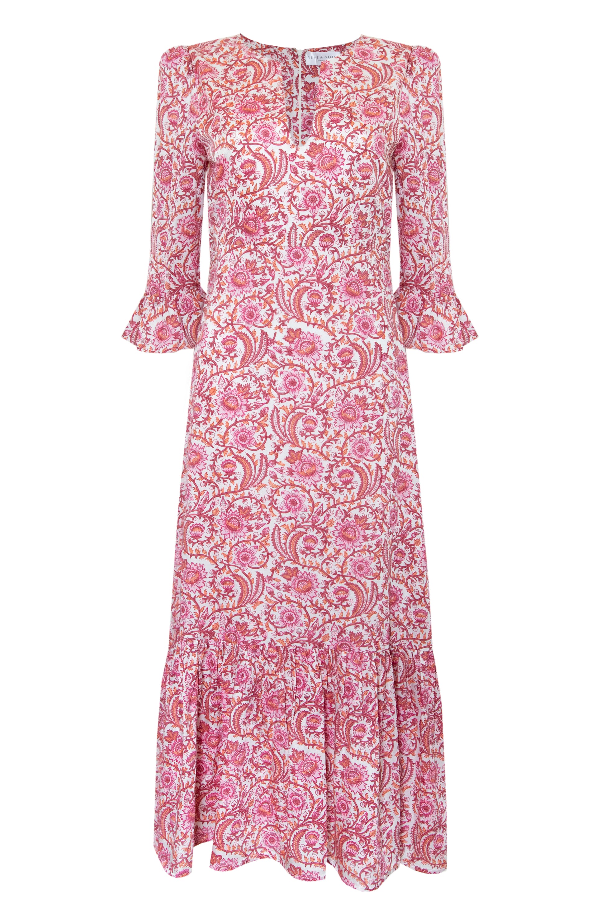 Pink floral midi dress with slash neckline three quarter sleeves with ruffle detail empire line and deep ruffle hem