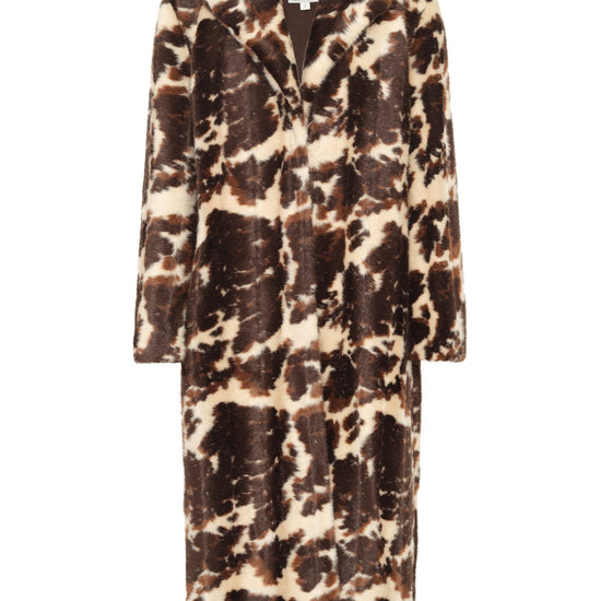 A long-sleeved faux fur coat with a brown and beige animal print pattern, shown against a plain white background.
