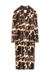 A long-sleeved faux fur coat with a brown and beige animal print pattern, shown against a plain white background.