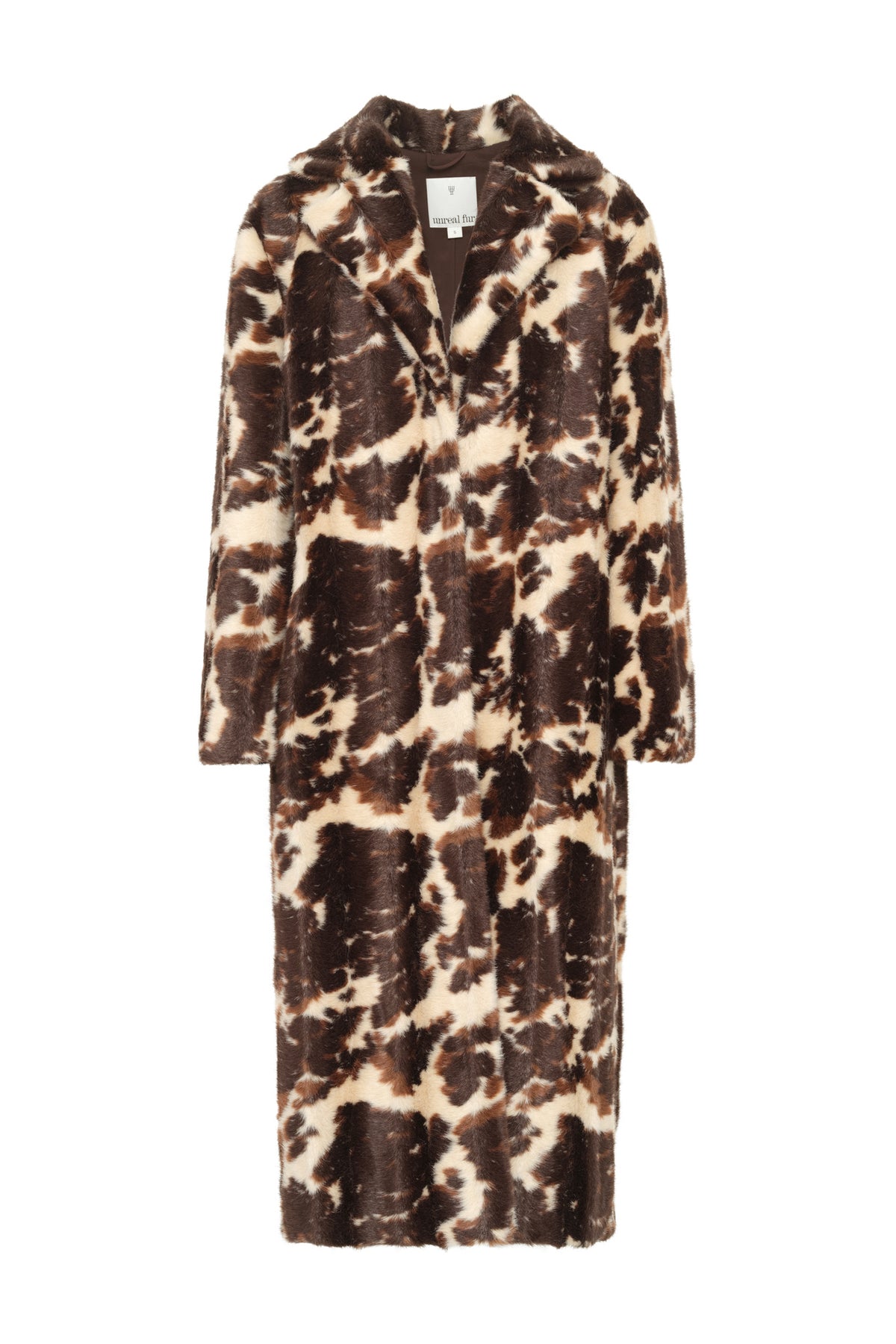 A long-sleeved faux fur coat with a brown and beige animal print pattern, shown against a plain white background.