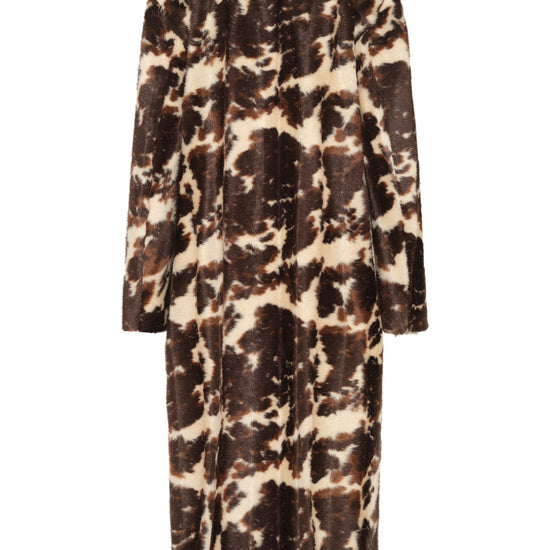 A long-sleeved maxi coat with a brown and beige tie-dye pattern, shown from the back against a plain white background.