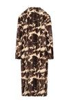 A long-sleeved maxi coat with a brown and beige tie-dye pattern, shown from the back against a plain white background.