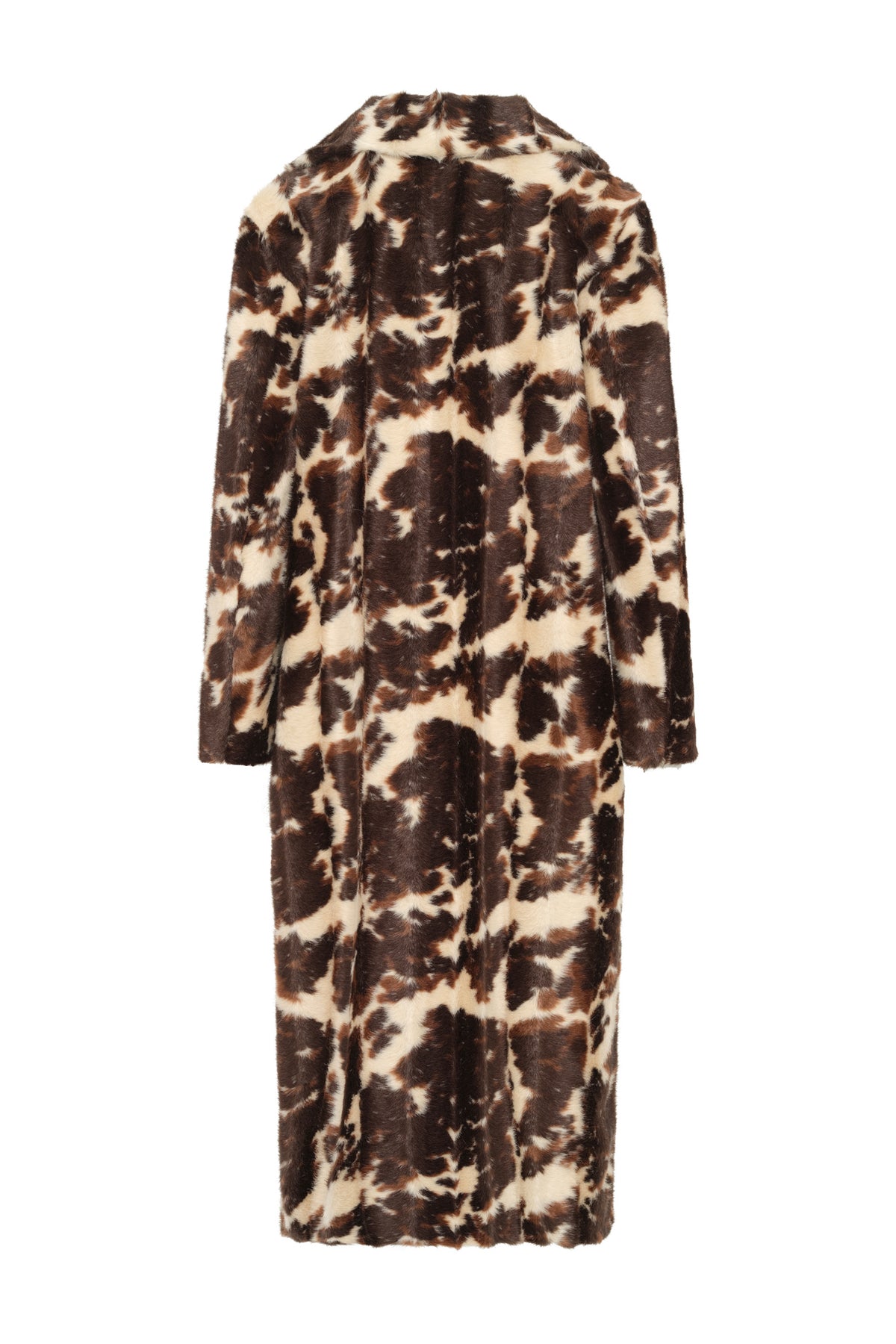 A long-sleeved maxi coat with a brown and beige tie-dye pattern, shown from the back against a plain white background.
