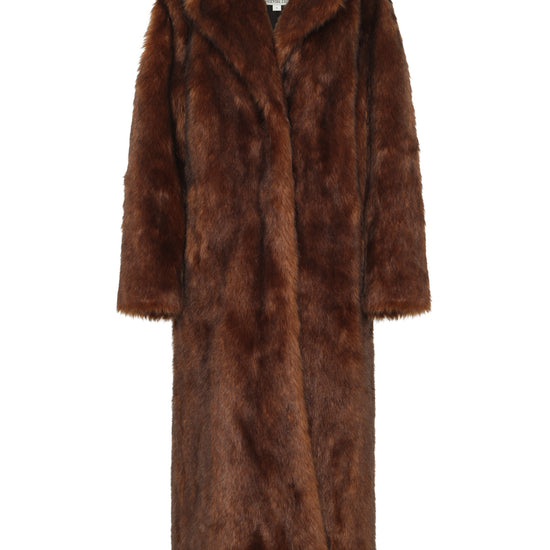 Float Lay image of a brown fur coat on a white background 