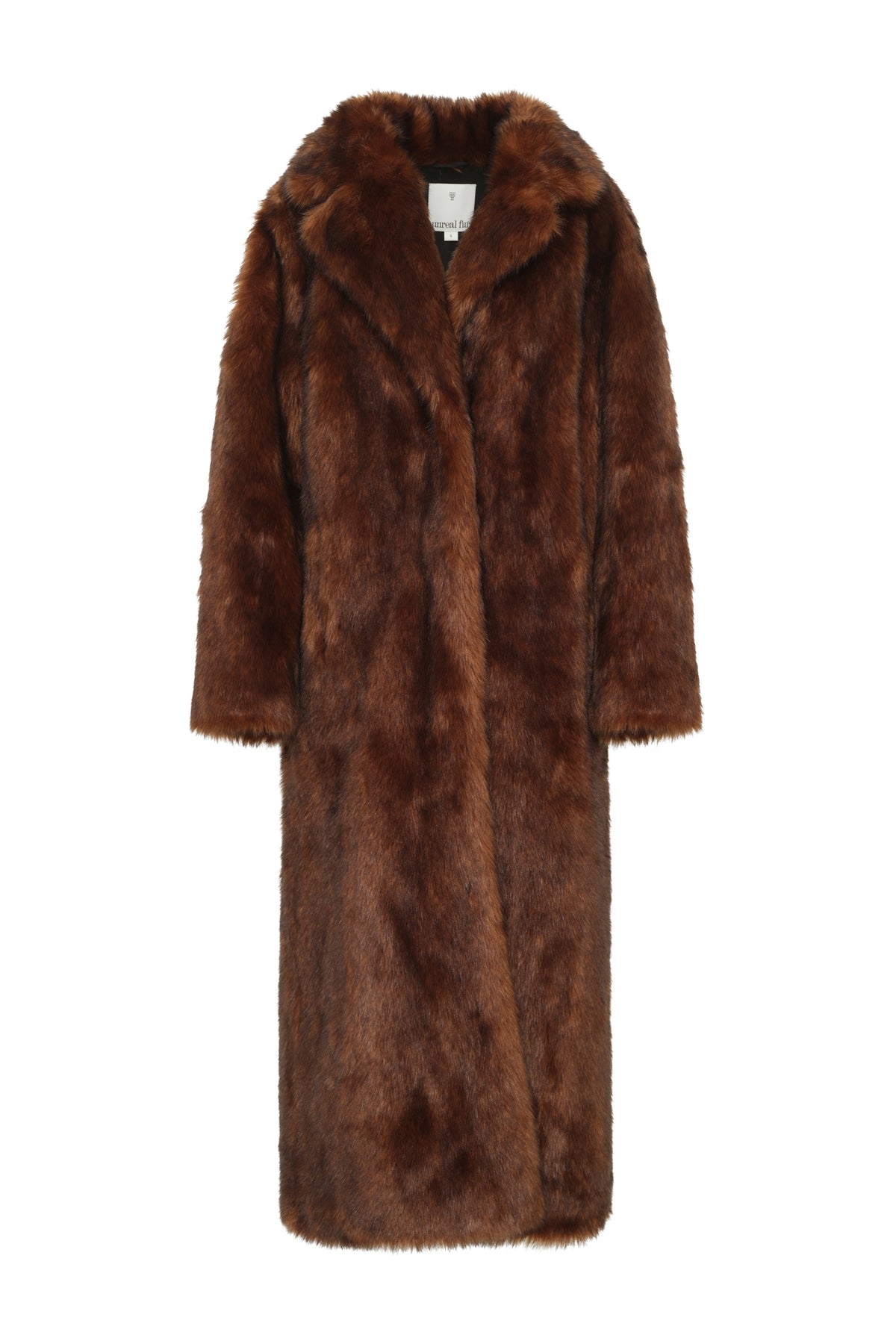 Float Lay image of a brown fur coat on a white background 